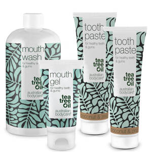 Balení 4 produktů s Tea Tree olejem na ústní hygienu - Pro každodenní péči při kvasince v ústech, paradentóze a zánětu dásní.