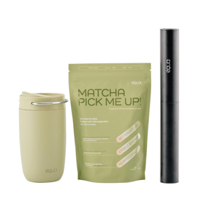 Sada 3 EQUA produktů Matcha Pick Me Up + Cup Matcha 300 ml ekologický termohrnek na pití + dobíjecí napěňovač
